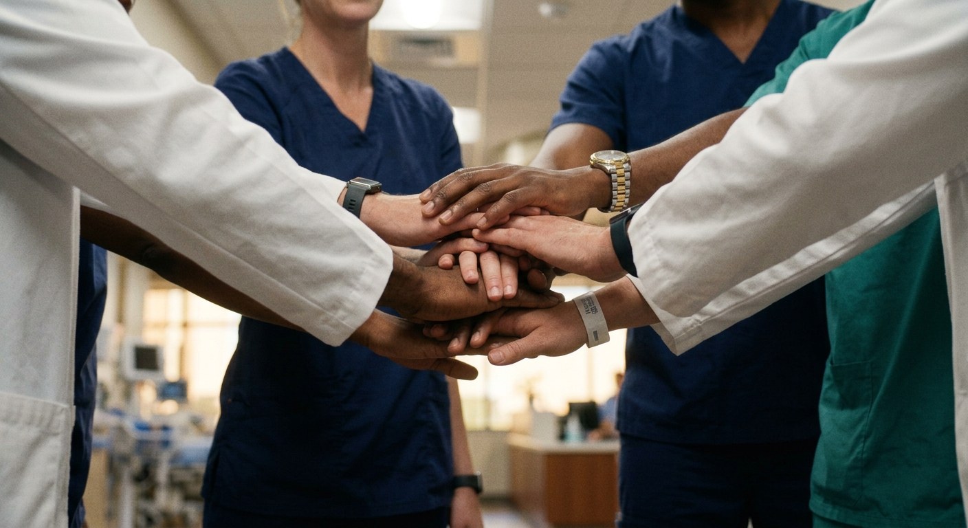 A group of healthcare professionals stacking their hands together