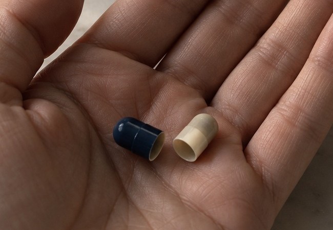 A hand holding an open pill capsule