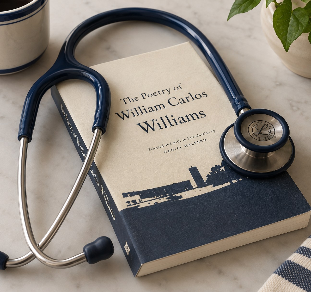A stethoscope resting on a copy of The Poetry of William Carlos Williams